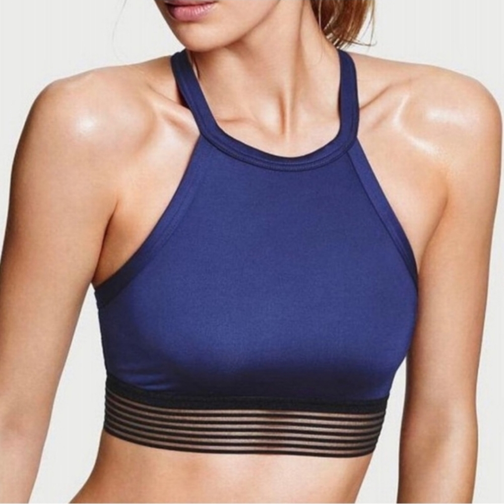 Victoria's Secret Blue w/ Black Trim High Neck Sports Bra Size Small $42